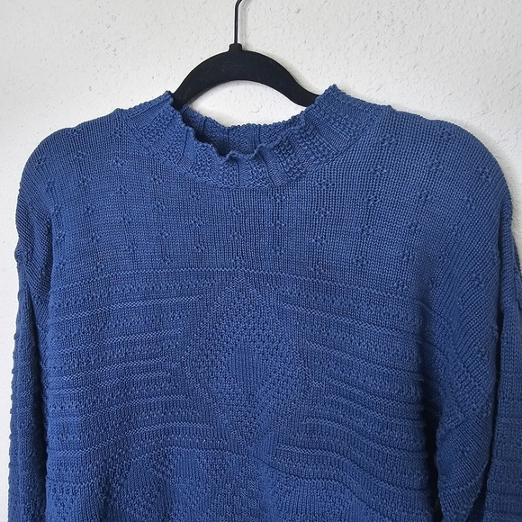 Bedford Fair Lifestyles Sweaters - Bedford Fair Blue Textured Cotton Mock Neck Sweater Petite Large USA